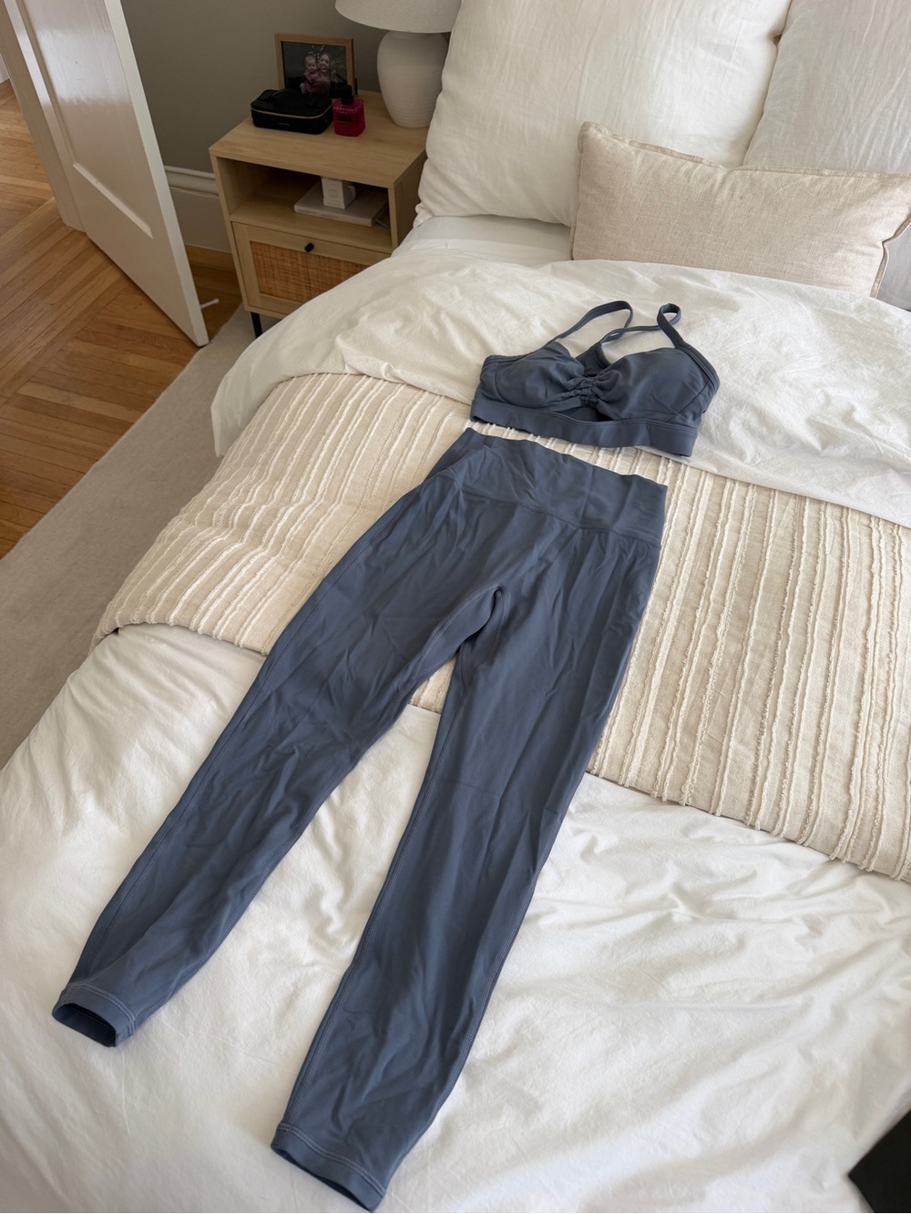 Athleta muted slate-gray high-waist leggings with matching bra